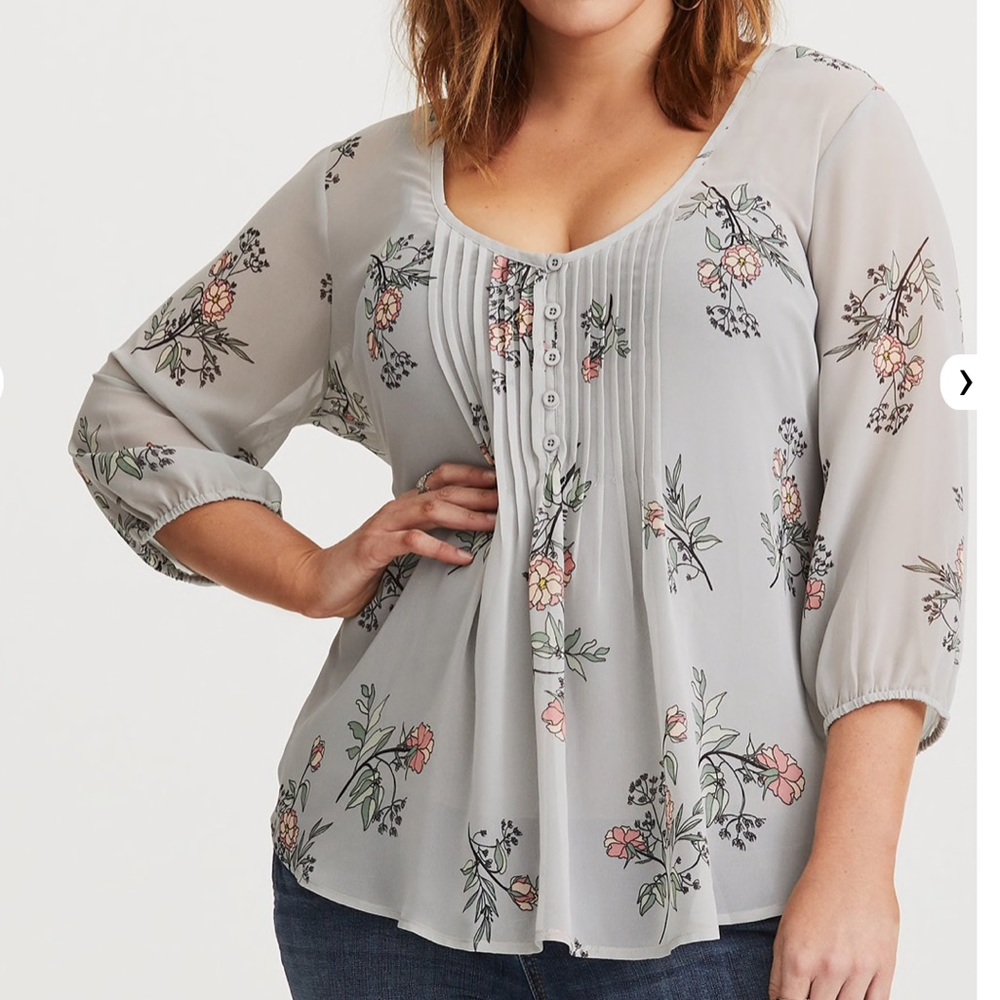 Torrid Grey Floral Chiffon Pintuck Blouse